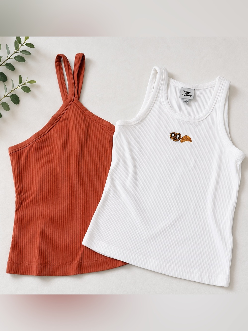 Bundle of 2 Women’s Ribbed Tank Tops Size S & XS | White & Rust | Casual Summer